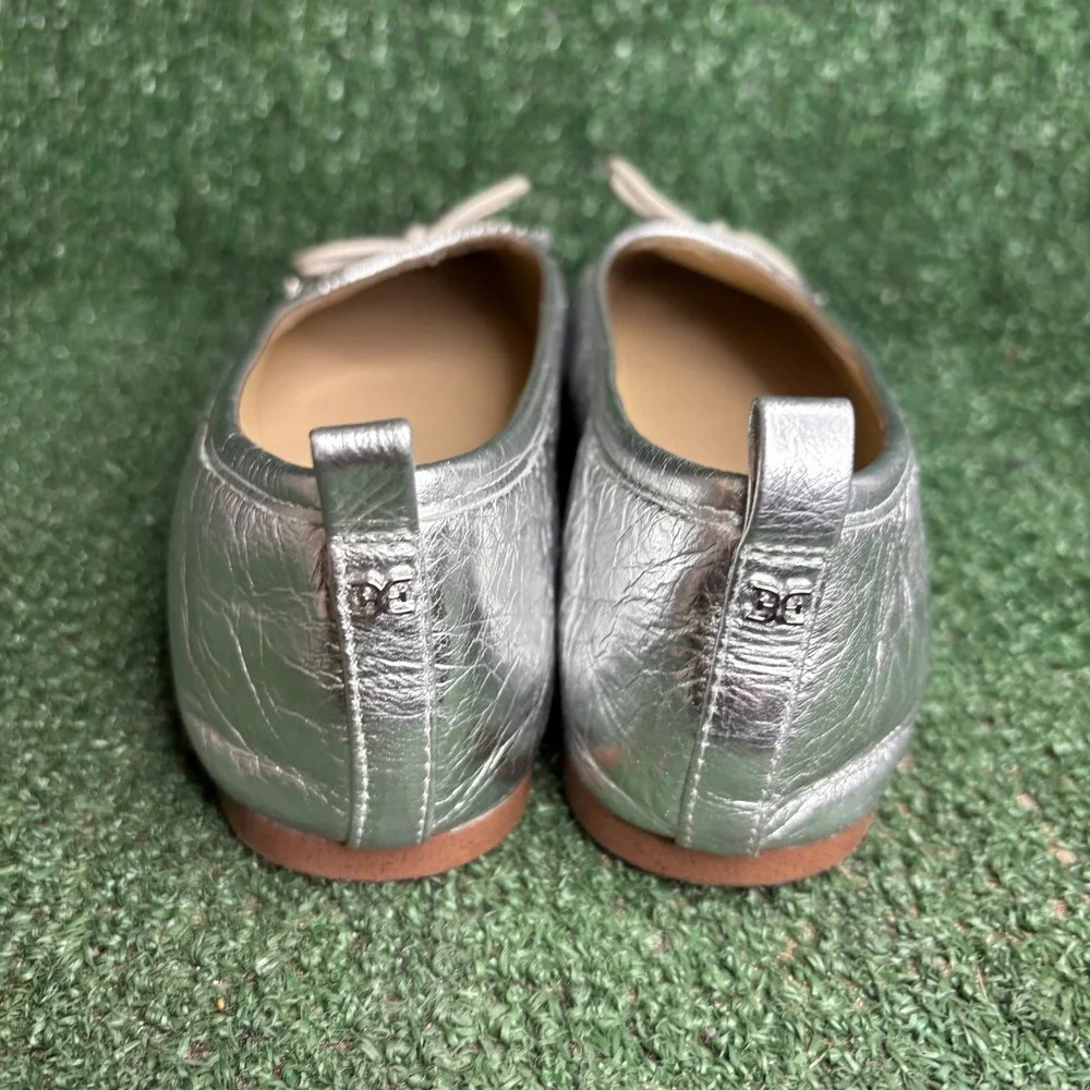 Sam Edelman Ari Bow Metallic Leather Ballet Chic Flat Shoes Silver Womens Sz 9 M